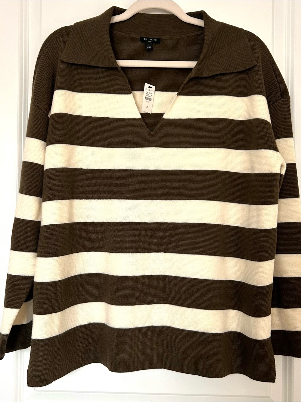 Talbots Plus 1X Olive/Cream Striped Long Sleeve Wool Acrylic Knit Sweater Preppy